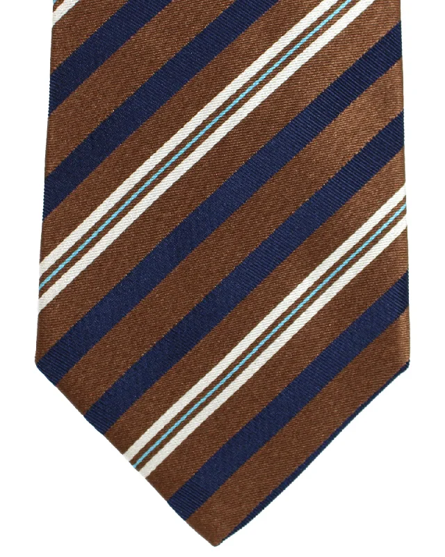 Best men's tie for summer events-Luigi Borrelli Silk Tie Brown Dark Navy Stripes