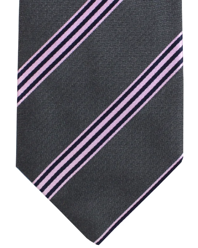 Men's tie with paisley design for weddings-Luigi Borrelli Tie Gray Pink Stripes Design