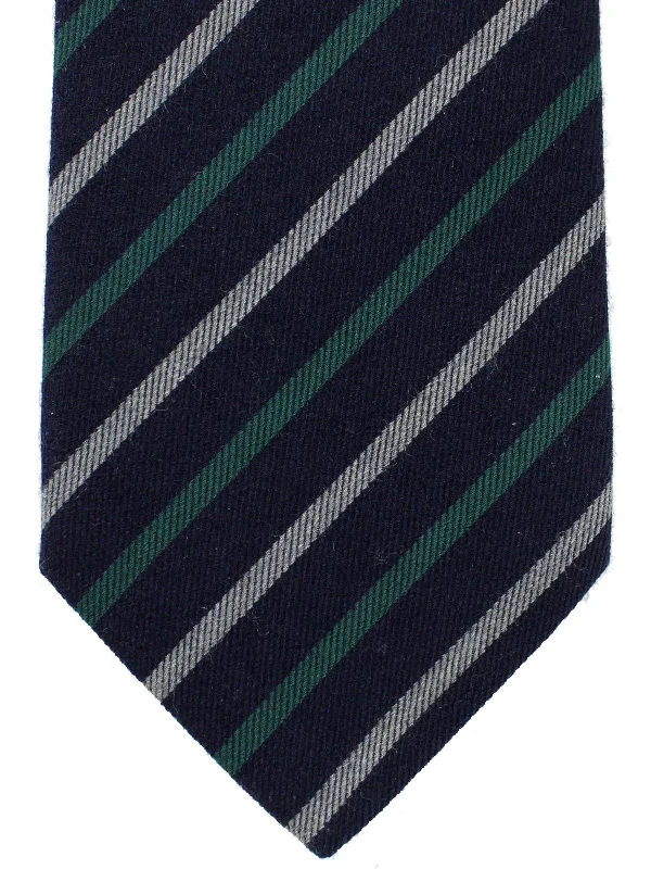 Trendy men's tie with fine stripes-Luigi Borrelli Wool Necktie Navy Gray Green Stripes SALE