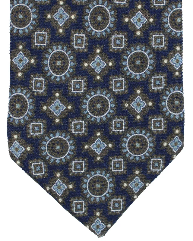 Designer tie for professional men-Luigi Borrelli Wool Tie Dark Blue Brown Medallions