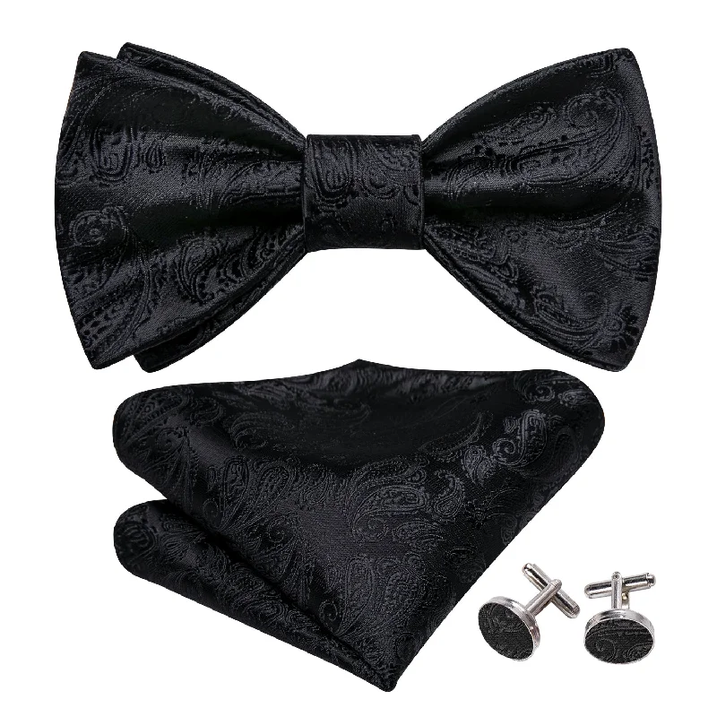 Men's tie with contemporary stripes for business-Luxury Black Paisley Bow Tie Hanky Cufflinks Set