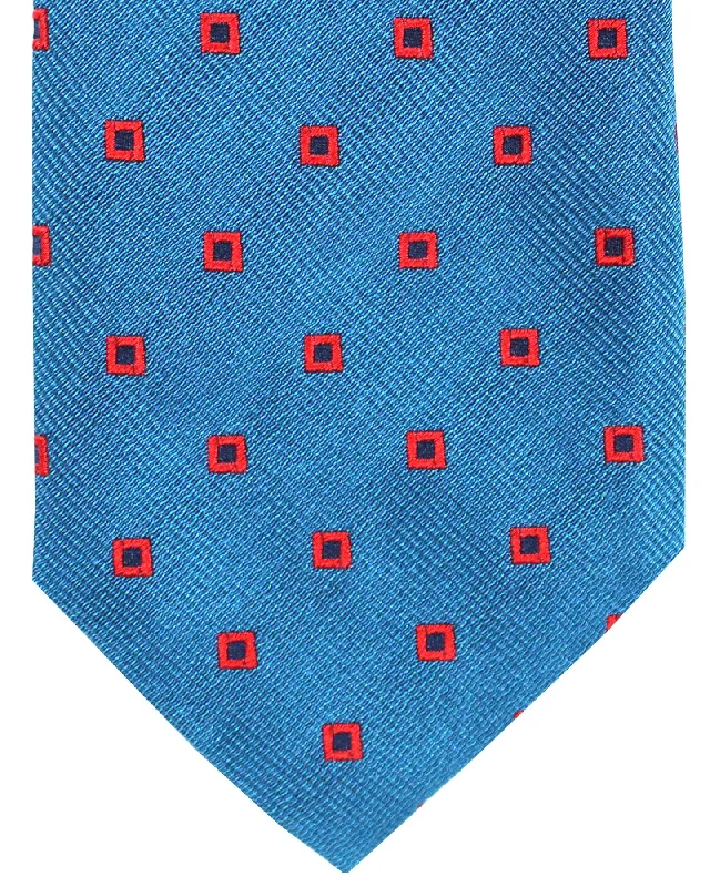 Men's silk tie with bold stripes-Massimo Valeri 11 Fold Tie Teal Red Squares - Elevenfold Necktie SALE