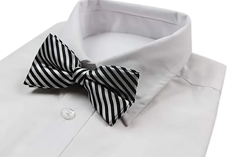 Classic men's tie with diamond pattern-Mens Black & White Diagonal Striped Bow Tie