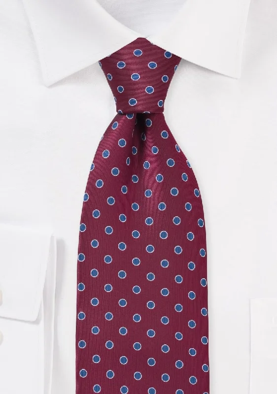 Best men's silk tie for formal events-Merlot Red and Royal Blue Polka Dot Necktie