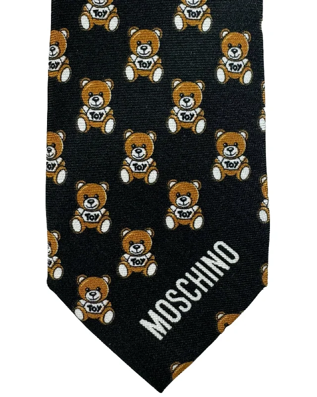 Men's tie for a festive corporate event-Moschino Skinny Tie Black Toy Bear Design FINAL SALE