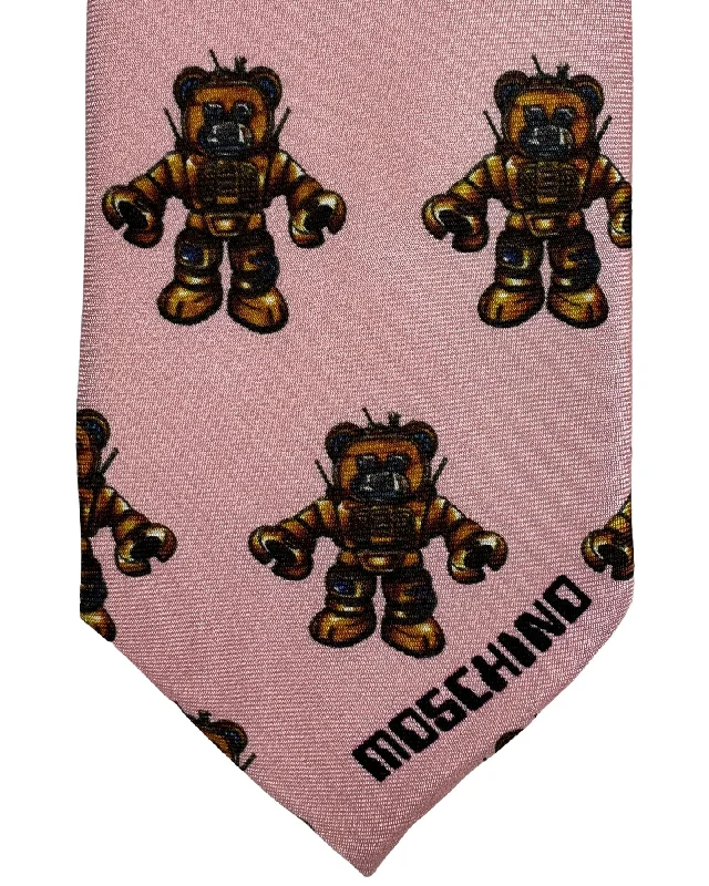 Stylish men's tie for professional look with rich fabric-Moschino Tie Pink Toy Bear Robot Design SALE