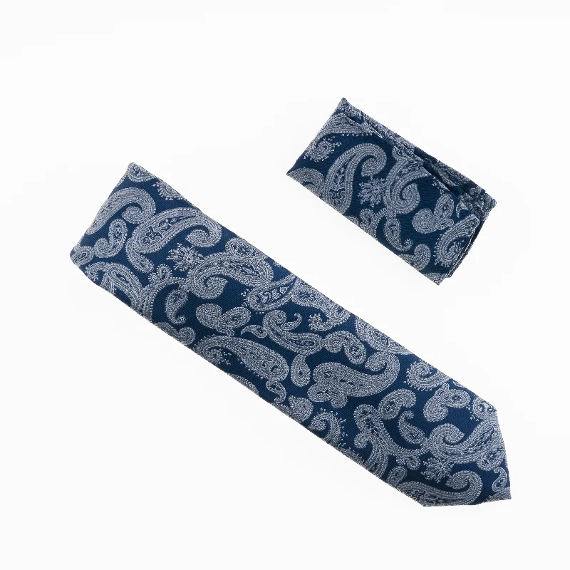 Best men's silk tie for job interviews-Navy and Grey Paisley Designed Extra Long Necktie Tie with Matching Pocket Square