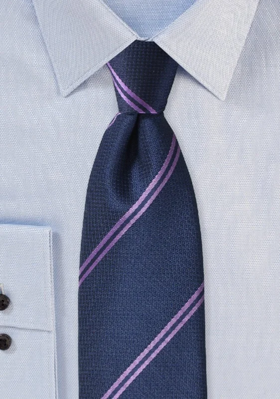 Men's tie for a formal holiday gathering-Navy and Lavender Narrow Striped Necktie