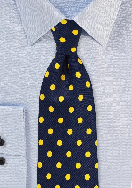 Men's silk tie with bold stripes-Navy and Lemon Yellow Polka Dot Necktie