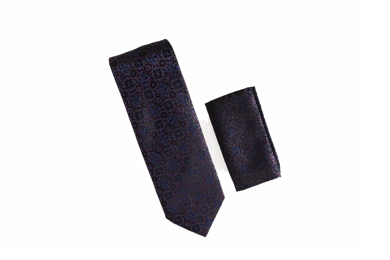 Classic men's tie for upscale holiday parties-Navy, Blue and Purple Designed Tie with Matching Silk Pocket Square