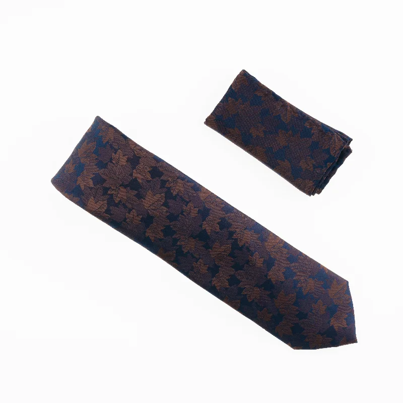 Affordable men's tie for everyday wear-Navy & Brown Leaf Designed Extra Long Necktie Tie with Matching Pocket Square