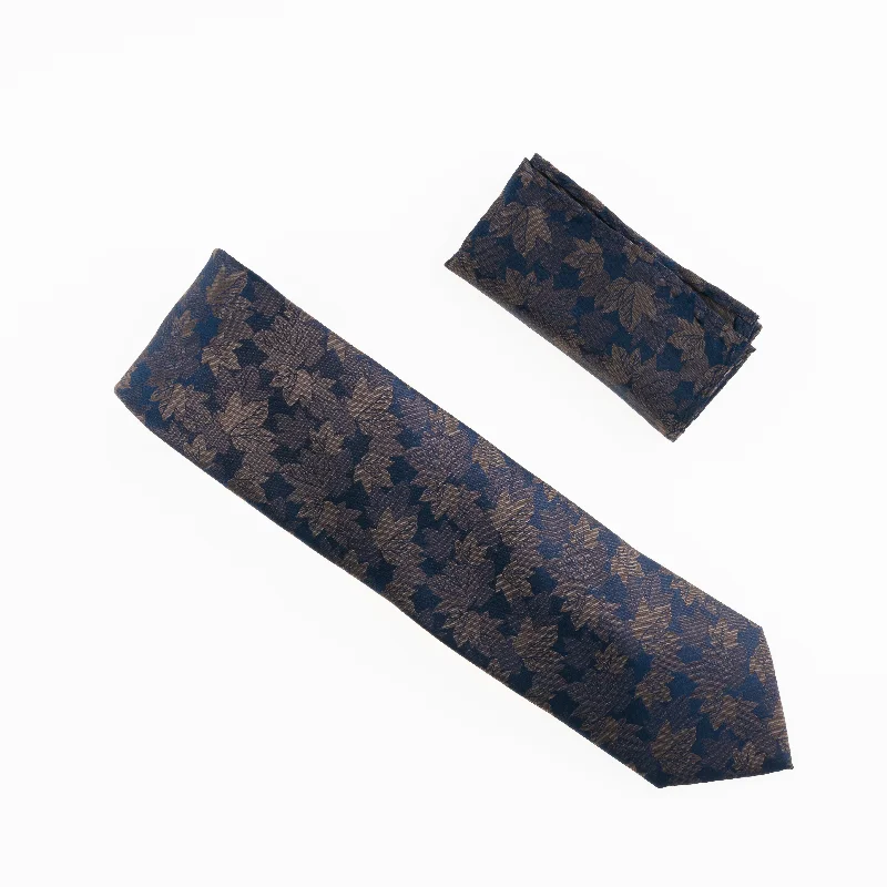 Men's tie with bold accents for formal meetings-Navy, Champagne Toast & Tan Leaf Designed Necktie Tie with Matching Pocket Square