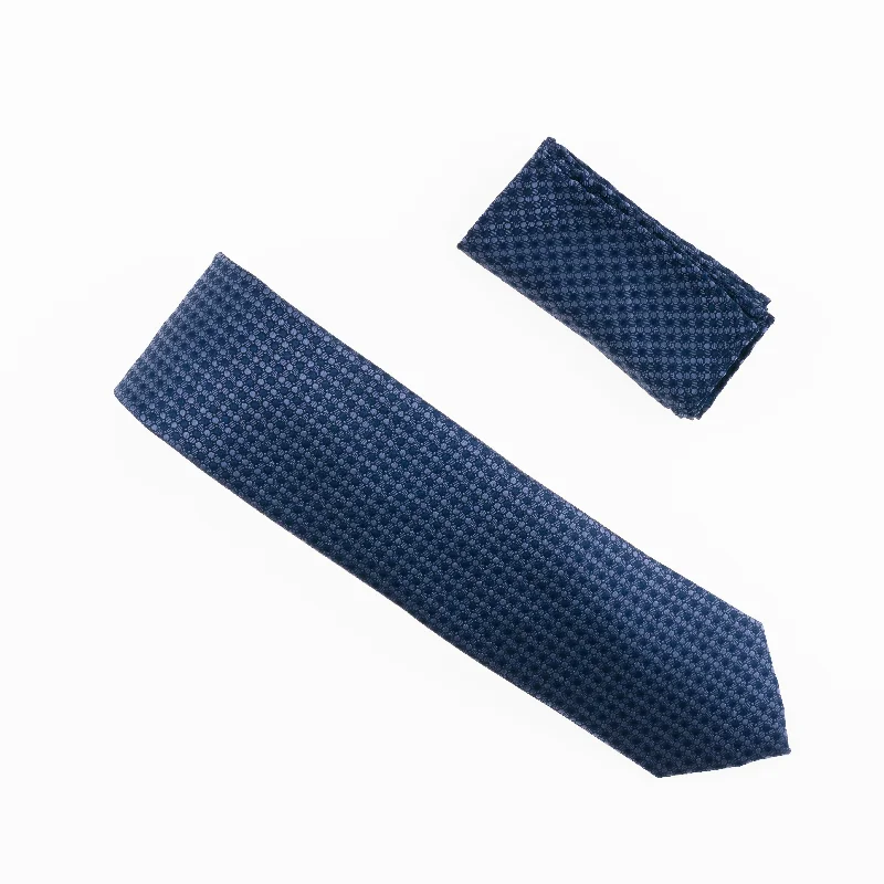 Men's tie for upscale dinner events-Navy, Grey & Blue Designed Extra Long Necktie Tie with Matching Pocket Square