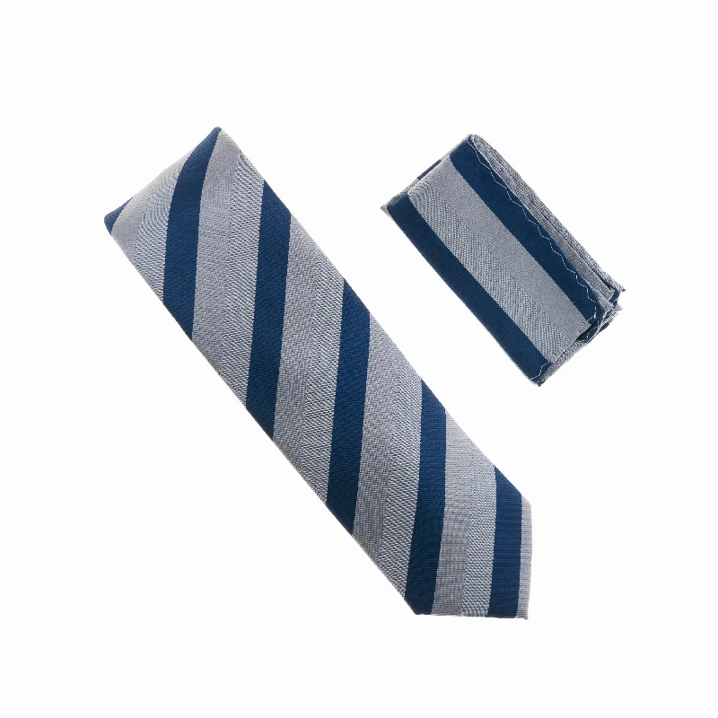 Best men's tie with classic stripes for business attire-Navy, Grey & Silver Striped Extra Long Necktie with Matching Pocket Square