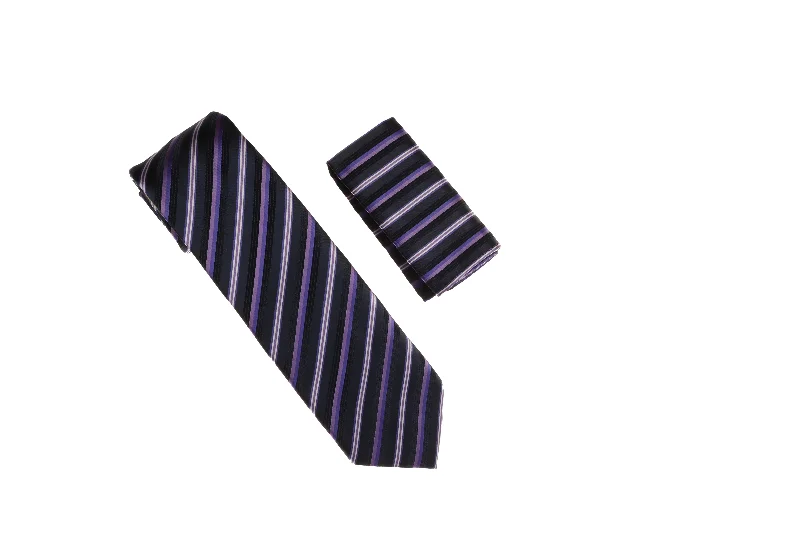 Stylish men's tie with bold patterns-Navy, Purple, Lavender and Silver Striped Necktie with Matching Pocket Square