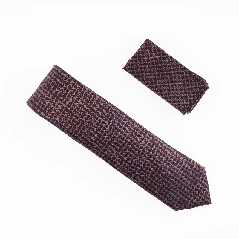 Men's tie with paisley design for weddings-Navy & Rose Gold Designed Extra Long Necktie Tie with Matching Pocket Square