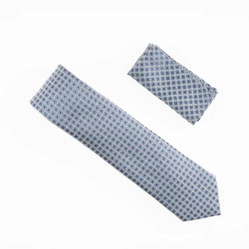 Men's silk tie with fine texture for business-Silver, Light Blue & Navy Designed Extra Long Necktie With Matching Pocket Square