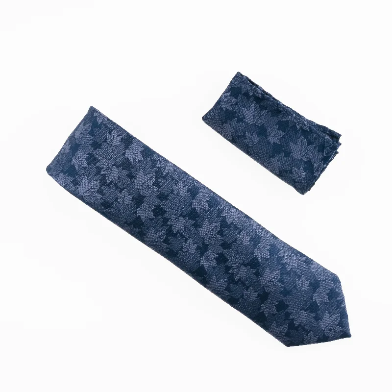 Best tie for men's professional look-Navy, Silver & Grey Leaf Designed Necktie Tie with Matching Pocket Square