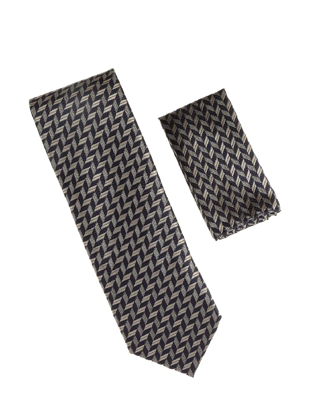 Men's tie for a formal holiday gathering-Navy & Taupe Designed Extra Long Necktie Tie with Matching Pocket Square