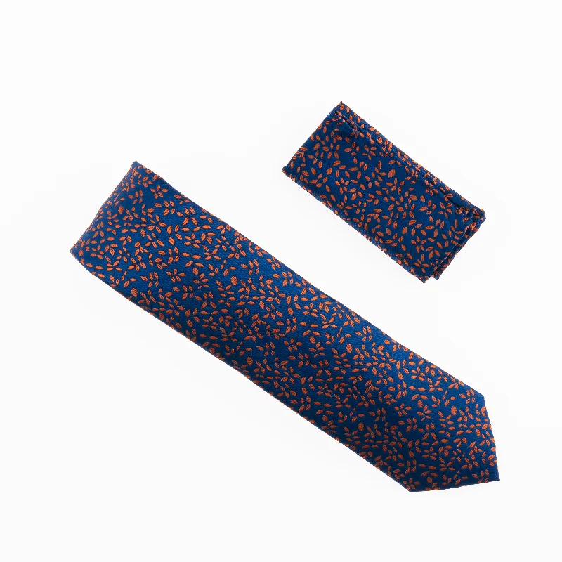 Men's tie for summer wedding season-Navy with Bronze Petals Designed Extra Long Necktie Tie with Matching Pocket Square