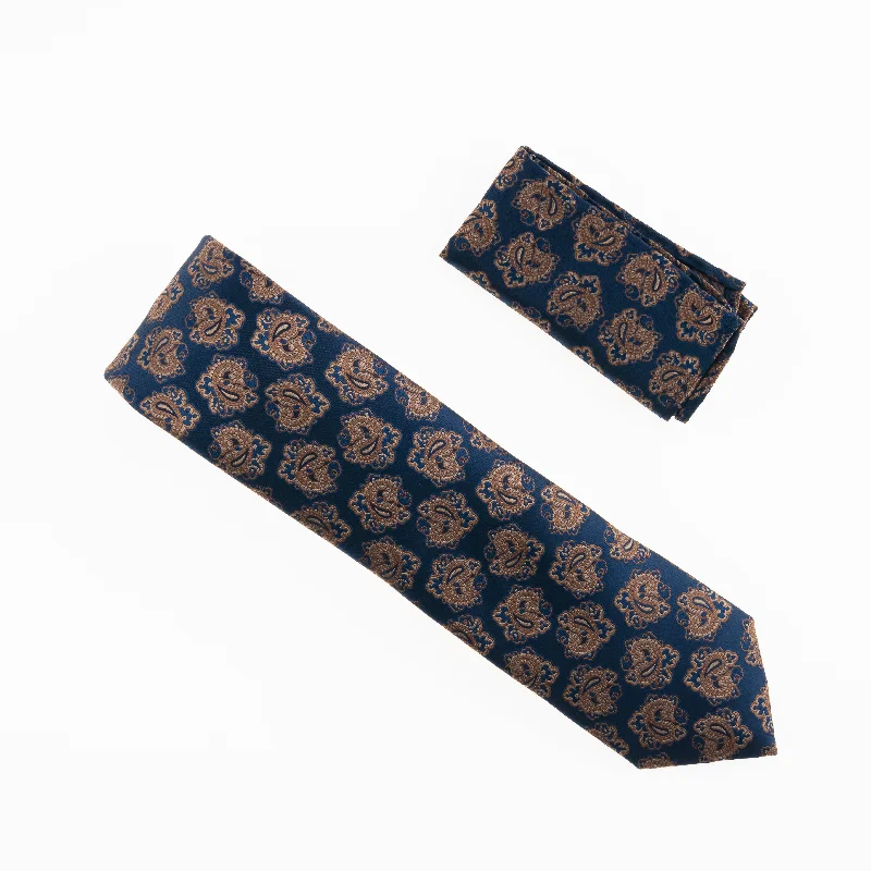 Best necktie for a formal office gathering-Navy with Gold Paisley Designed Extra Long Necktie Tie with Matching Pocket Square