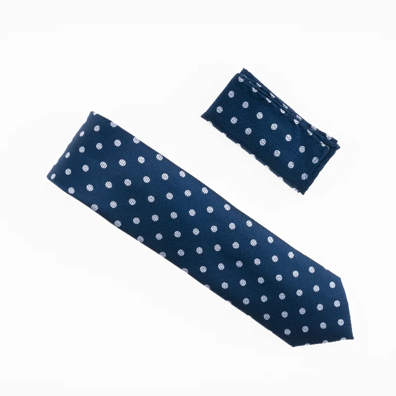 Men's tie with vibrant geometric shapes-Navy with Grey Polka Dot Designed Extra Long Necktie Tie with Matching Pocket Square