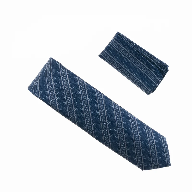 Men's tie for an elegant birthday celebration-Navy with Grey Striped Designed Extra Long Necktie Tie with Matching Pocket Square