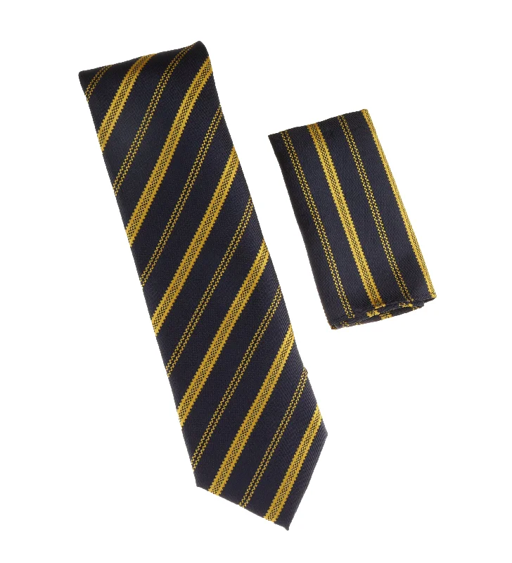 Men's tie with modern textures for work-Navy with Light Gold Striped Designed Extra Long Necktie Tie with Matching Pocket Square