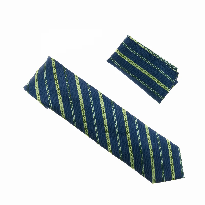 Men's tie for corporate cocktail parties-Navy with Lime Green Striped Designed Extra Long Necktie Tie with Matching Pocket Square