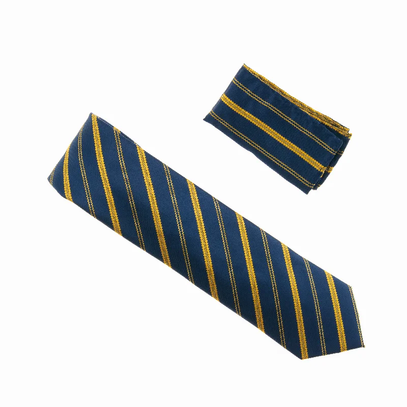 Men's silk tie with modern chevron print-Navy with Dark Gold Striped Designed Extra Long Necktie Tie with Matching Pocket Square