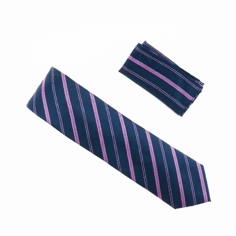 Stylish men's tie with bold geometric designs-Navy with Pink Striped Designed Extra Long Necktie Tie with Matching Pocket Square