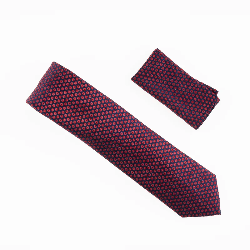 Men's tie with rich blue tones for events-Navy with Red Flower Designed Extra Long Necktie Tie with Matching Pocket Square