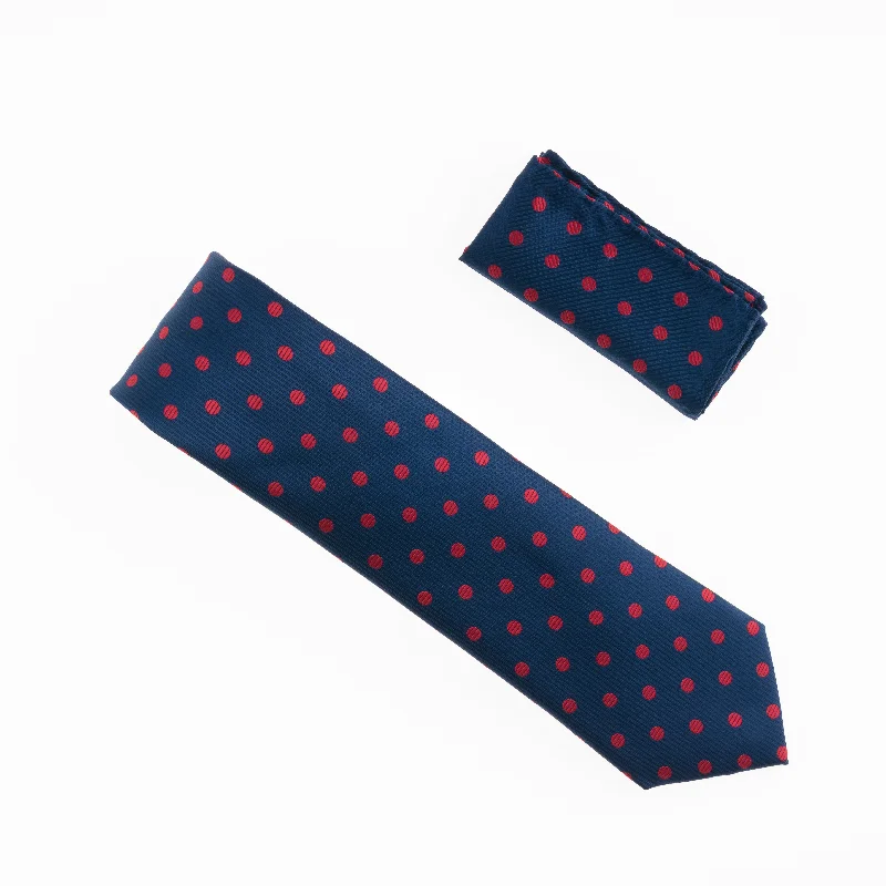 Stylish men's tie with dark shades-Navy with Red Polka Dot Designed Extra Long Necktie Tie with Matching Pocket Square