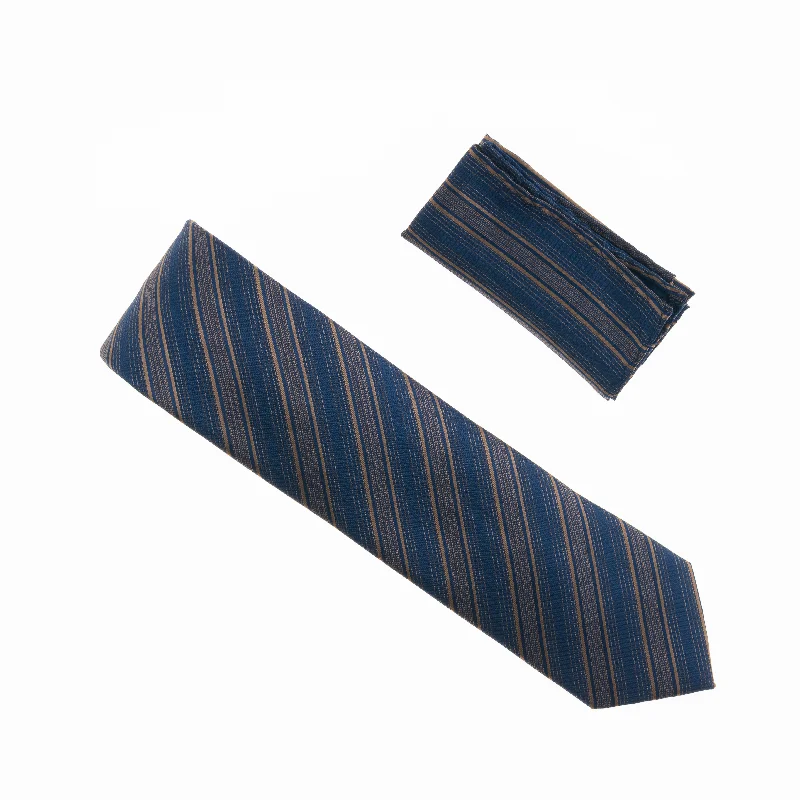 Designer tie with geometric shapes for work-Navy with Taupe Striped Designed Extra Long Necktie Tie with Matching Pocket Square