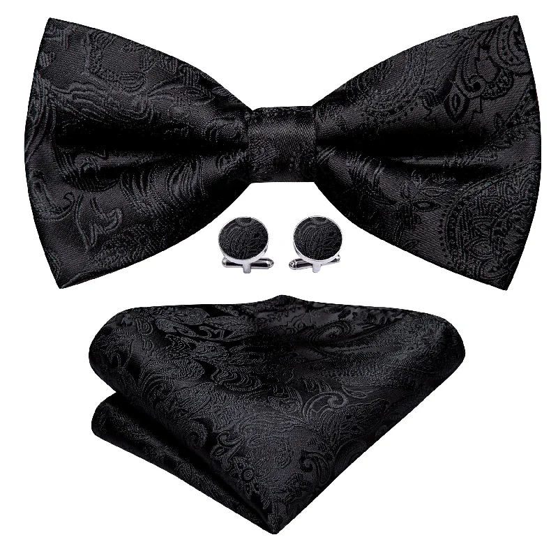 Unique men's tie for anniversary parties-Barry Wang Neck Tie Black Paisley Pre-tied Bow Tie Hanky Cufflinks Set