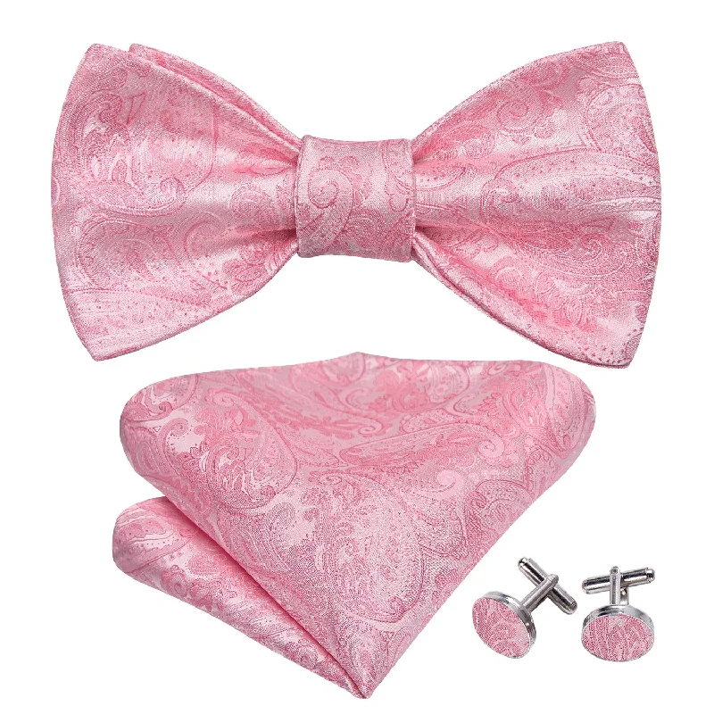 Men's tie with unique patterns for fashion-forward looks-Pink Paisley Bow Tie Hanky Cufflinks Set