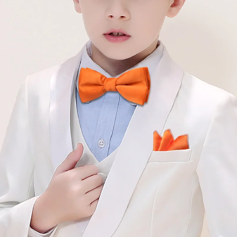 Men's tie for holiday celebrations with rich color palette-Barry Wang Orange Solid Bow Tie Pocket Square Set For Kids