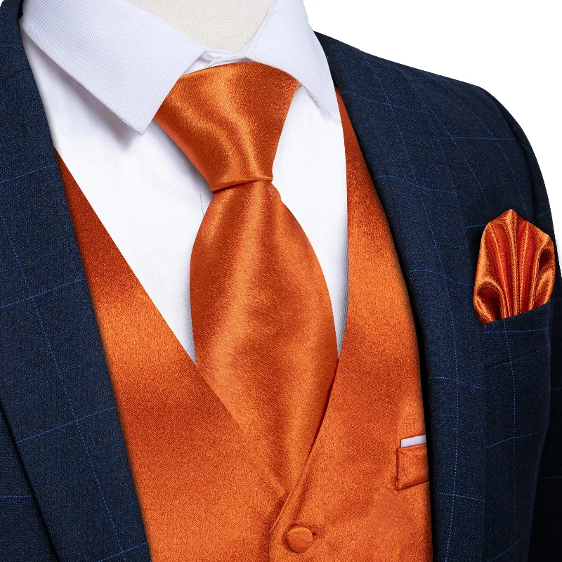 Men's tie for a festive corporate event-Orange Solid Satin Waistcoat Vest Tie Handkerchief Cufflinks Set