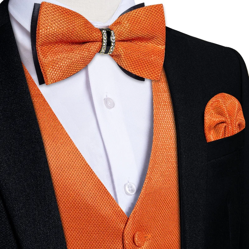 Men's tie for modern office wear with contemporary designs-Orange Solid Waistcoat Vest Bowtie Handkerchief Cufflinks Set