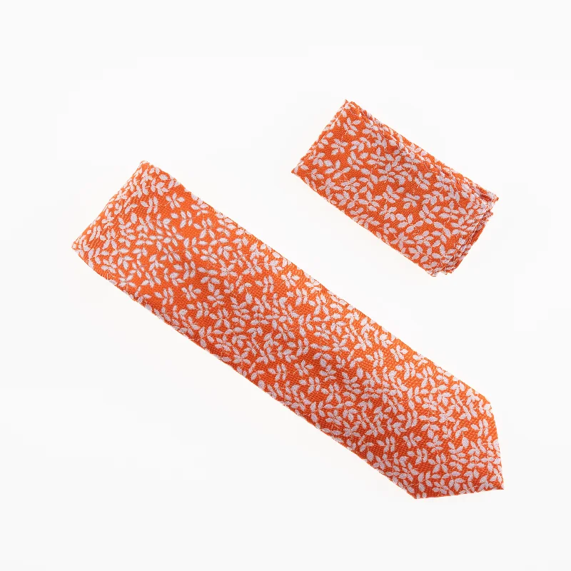 Men's tie with contemporary stripes for business-Orange with Silver Petals Designed Necktie Tie with Matching Pocket Square