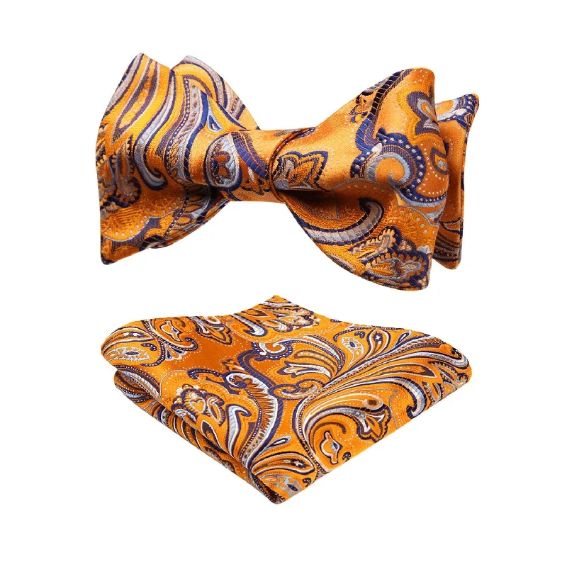 Men's tie with delicate embroidery-Paisley Bow Tie & Pocket Square - 06-ORANGE / PURPLE