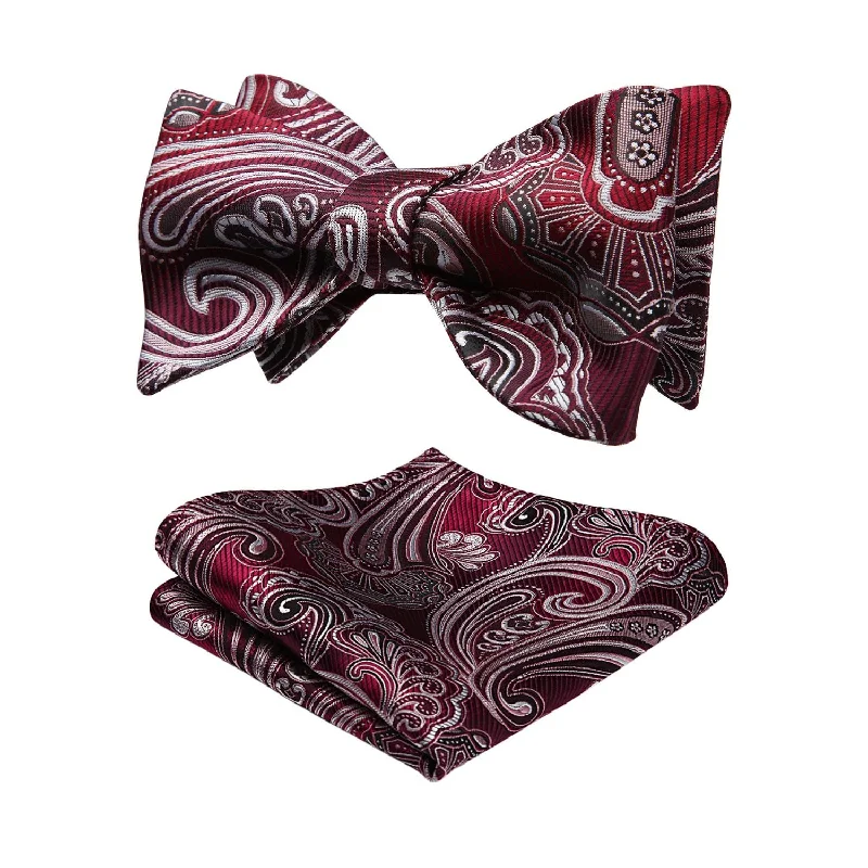 Best tie for weddings with bold patterns-Paisley Bow Tie & Pocket Square - 07-BURGUNDY / GRAY