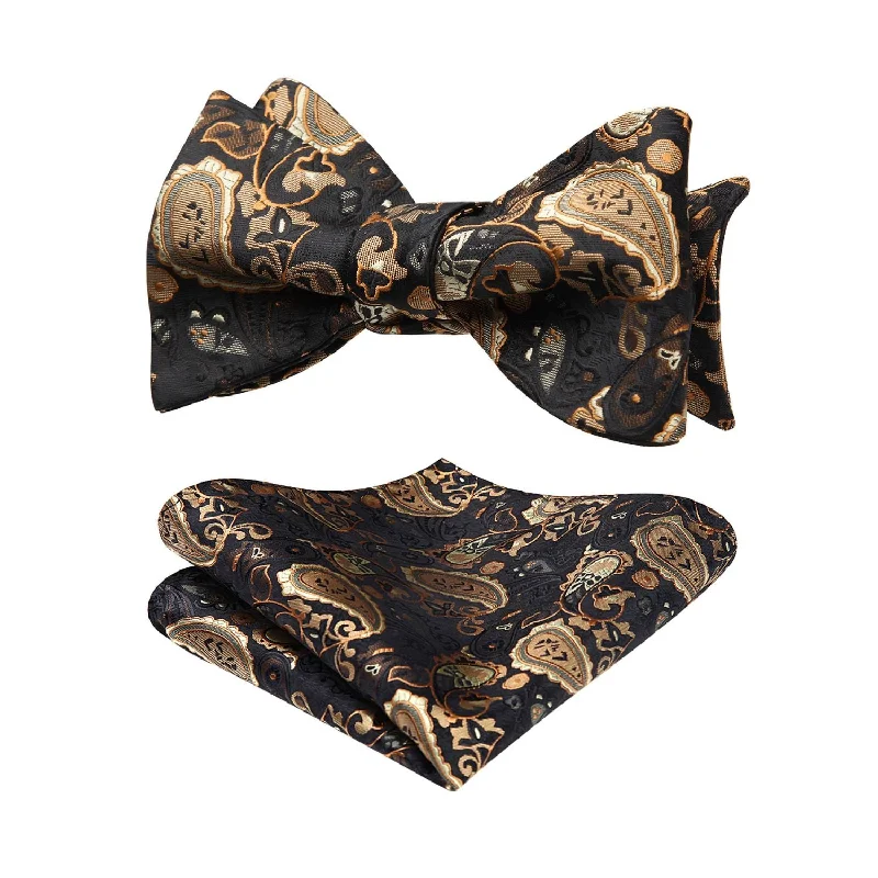 Men's tie with intricate woven patterns-Paisley Bow Tie & Pocket Square - A-GOLD/BLACK