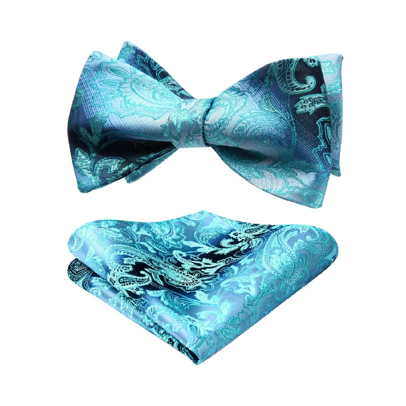 Men's tie with intricate jacquard design for weddings-Paisley Bow Tie & Pocket Square - AQUA-1