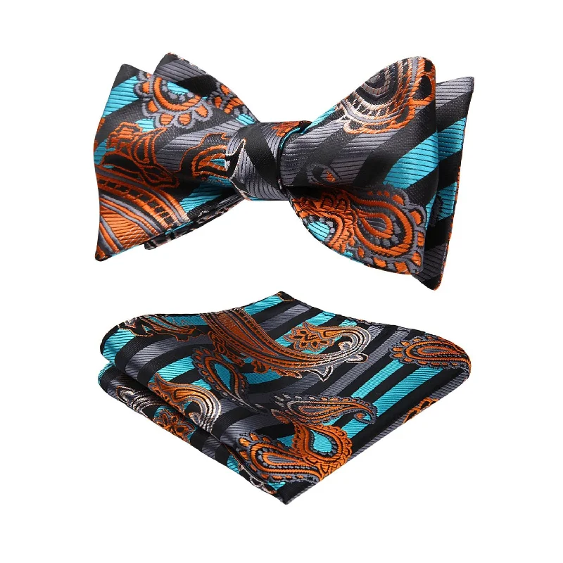 Men's tie with rich red tones for upscale affairs-Paisley Bow Tie & Pocket Square - B-AQUA/ORANGE