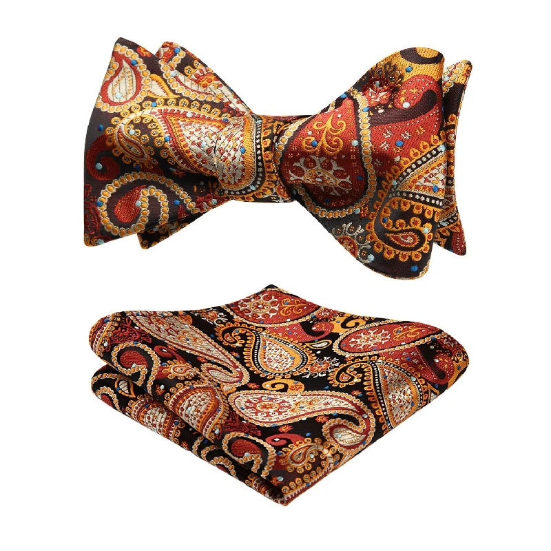 Men's tie with contemporary color blocking-Paisley Bow Tie & Pocket Square - B-BROWN/ORANGE