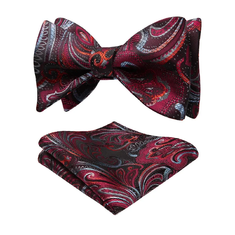 Men's tie with contrasting patterns for office wear-Paisley Bow Tie & Pocket Square - B-RED/GRAY