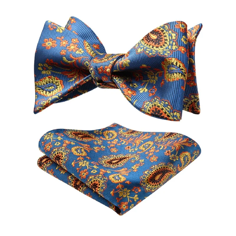 Designer men's tie for office wear-Paisley Bow Tie & Pocket Square - BLUE/GOLD