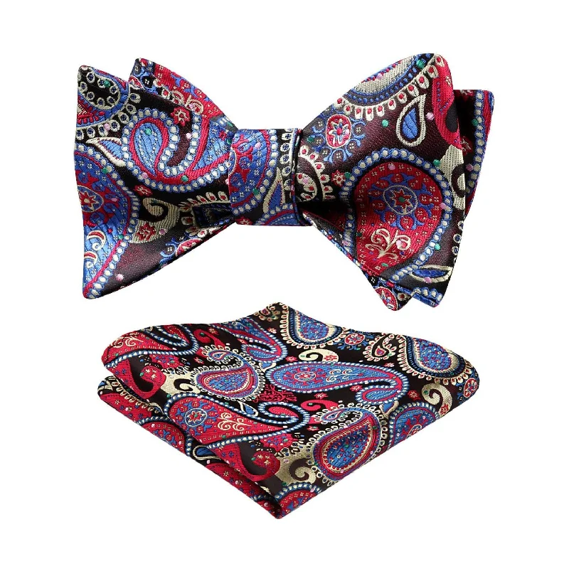 Men's tie with sophisticated design for weddings-Paisley Bow Tie & Pocket Square - D-RED/BLUE