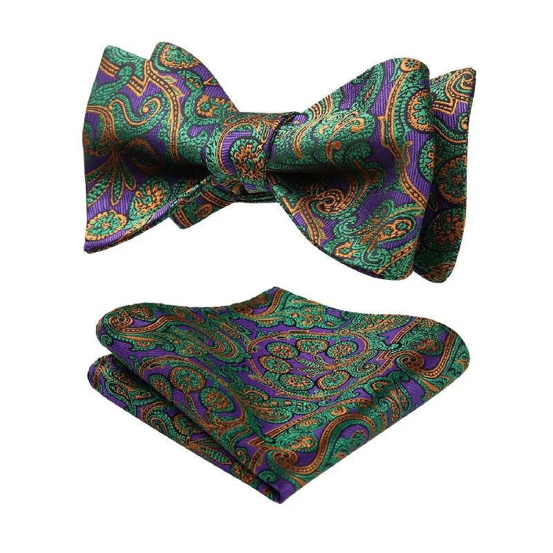 Unique men's tie for a wedding celebration-Paisley Bow Tie & Pocket Square - F-GREEN/PURPLE